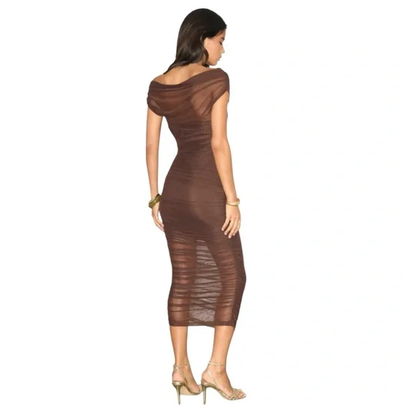 Lulu’s Sunama Brown Mesh Ruched Bodycon Midi Dress XS - Picture 2 of 6